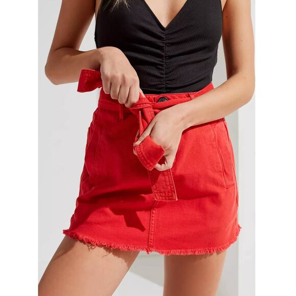 BDG Urban Outfitters Twill Frayed Mini Skirt Tie Waist Denim Fringe Raw Hem - Picture 8 of 12
